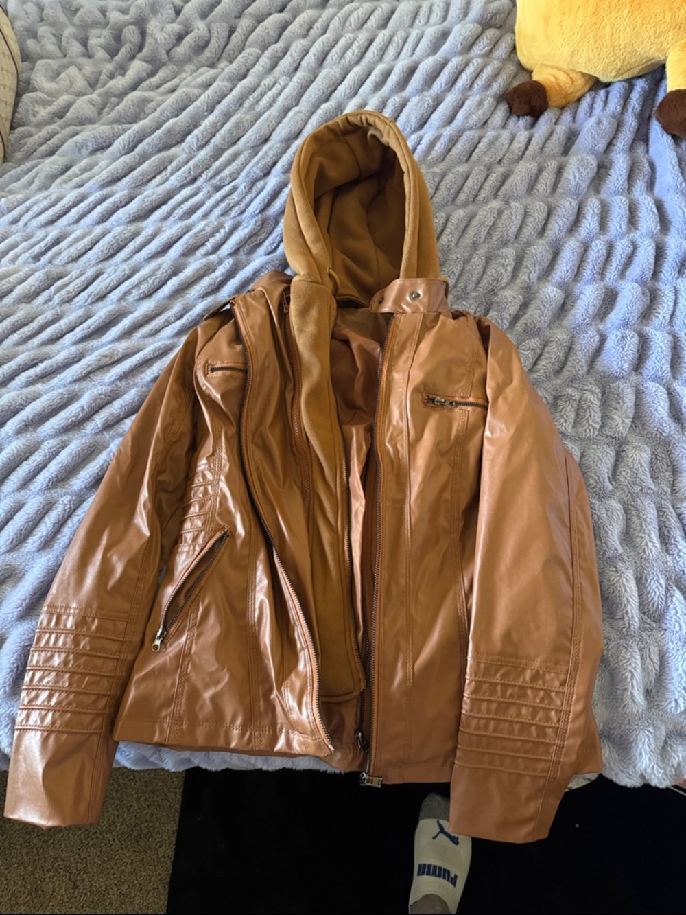 Faux Leather Hooded Jacket in Cognac Brown